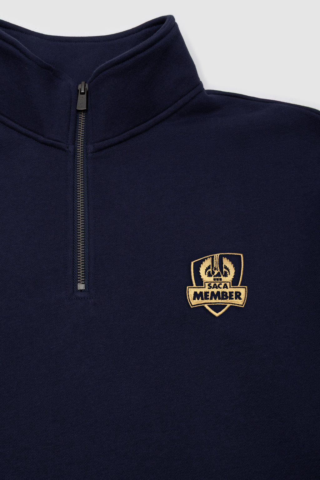 Saca Merchandise Mens Quarter Zips Navy & Gold Emblem – SACA Merchandise