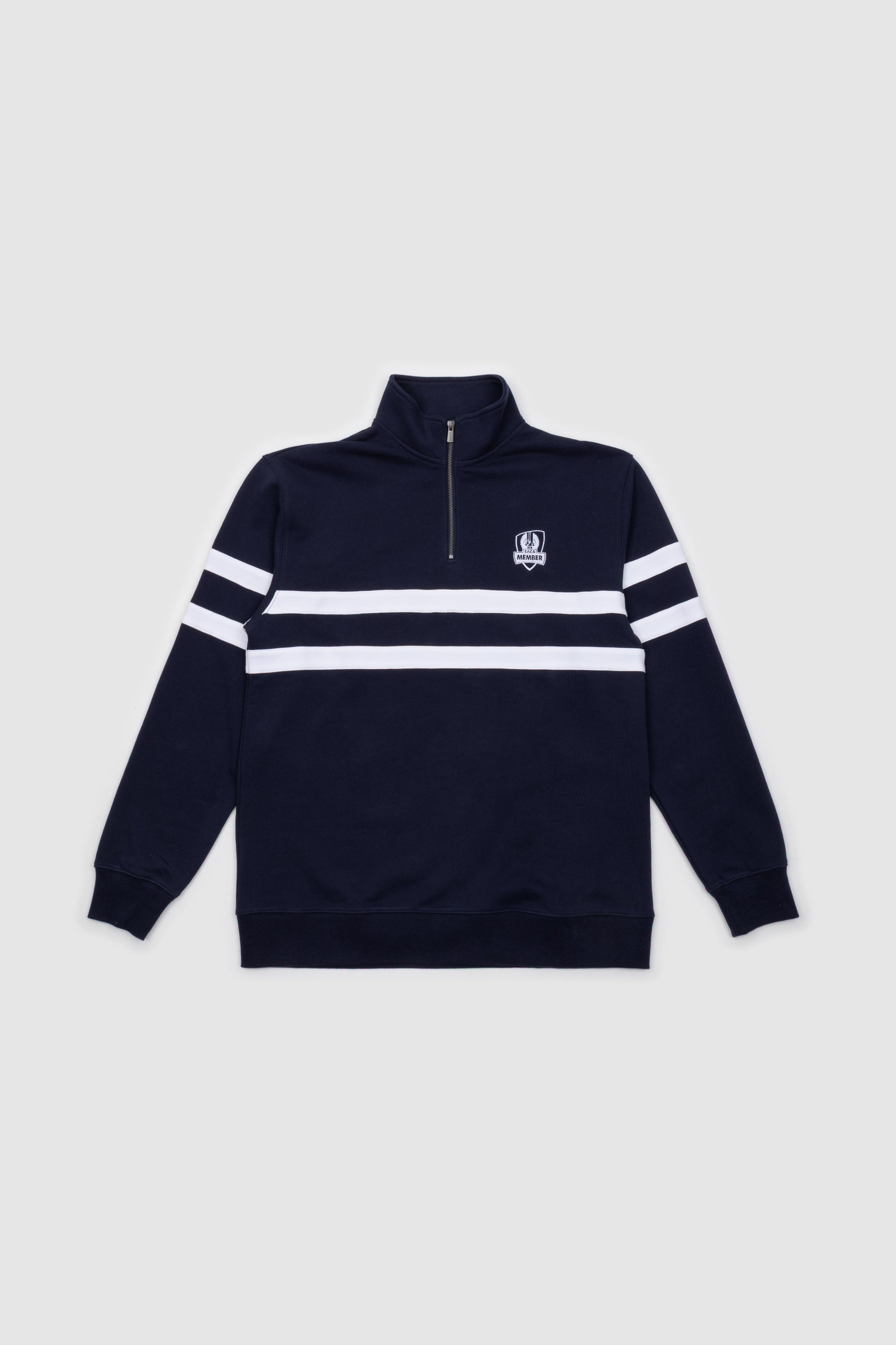 Mens Striped Quarter Zip Navy & White Emblem