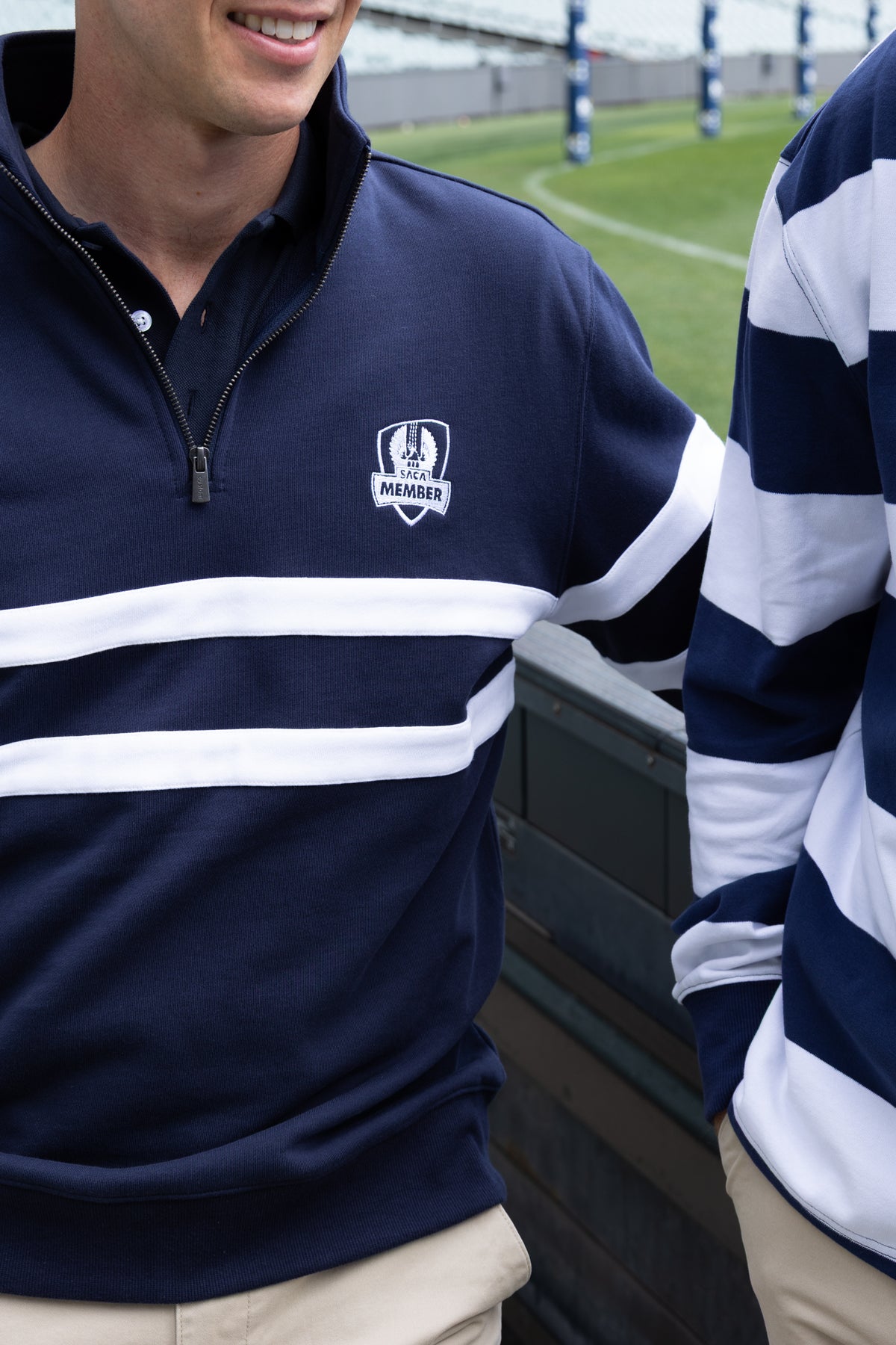 Saca Merchandise Mens Striped Quarter Zip Navy & White Emblem – SACA Merchandise