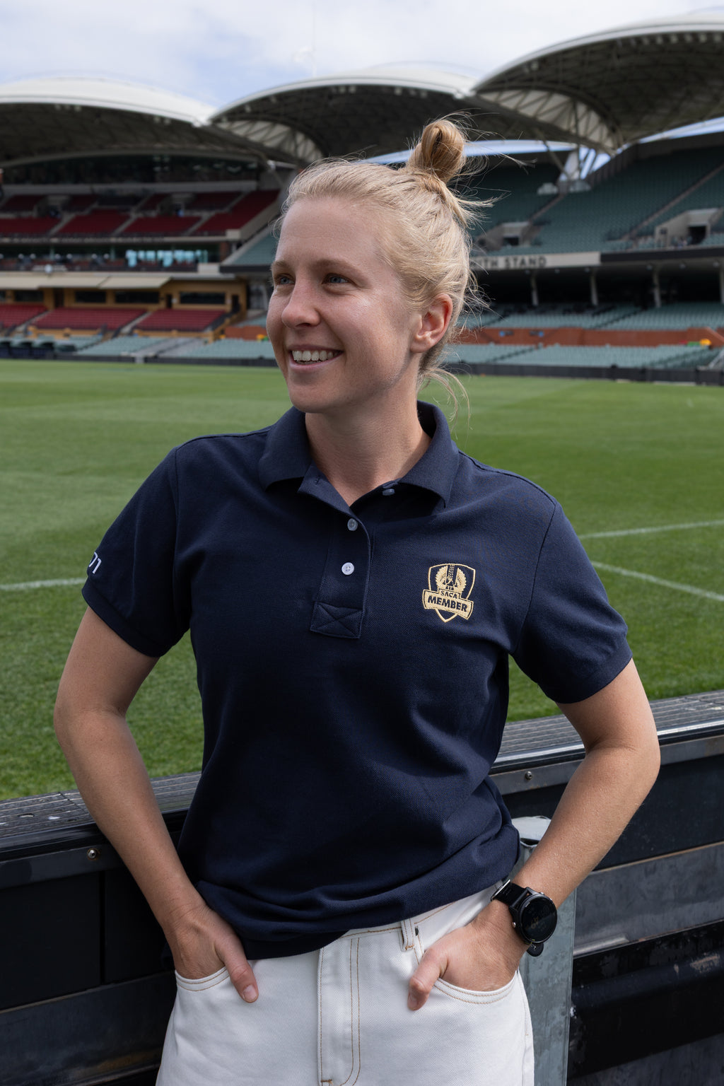 Womens Polo Shirt Navy & Gold Emblem