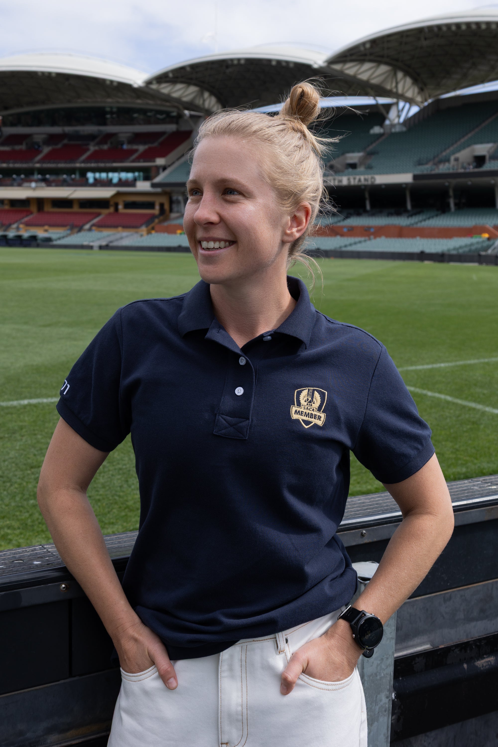 Womens Polo Shirt Navy & Gold Emblem