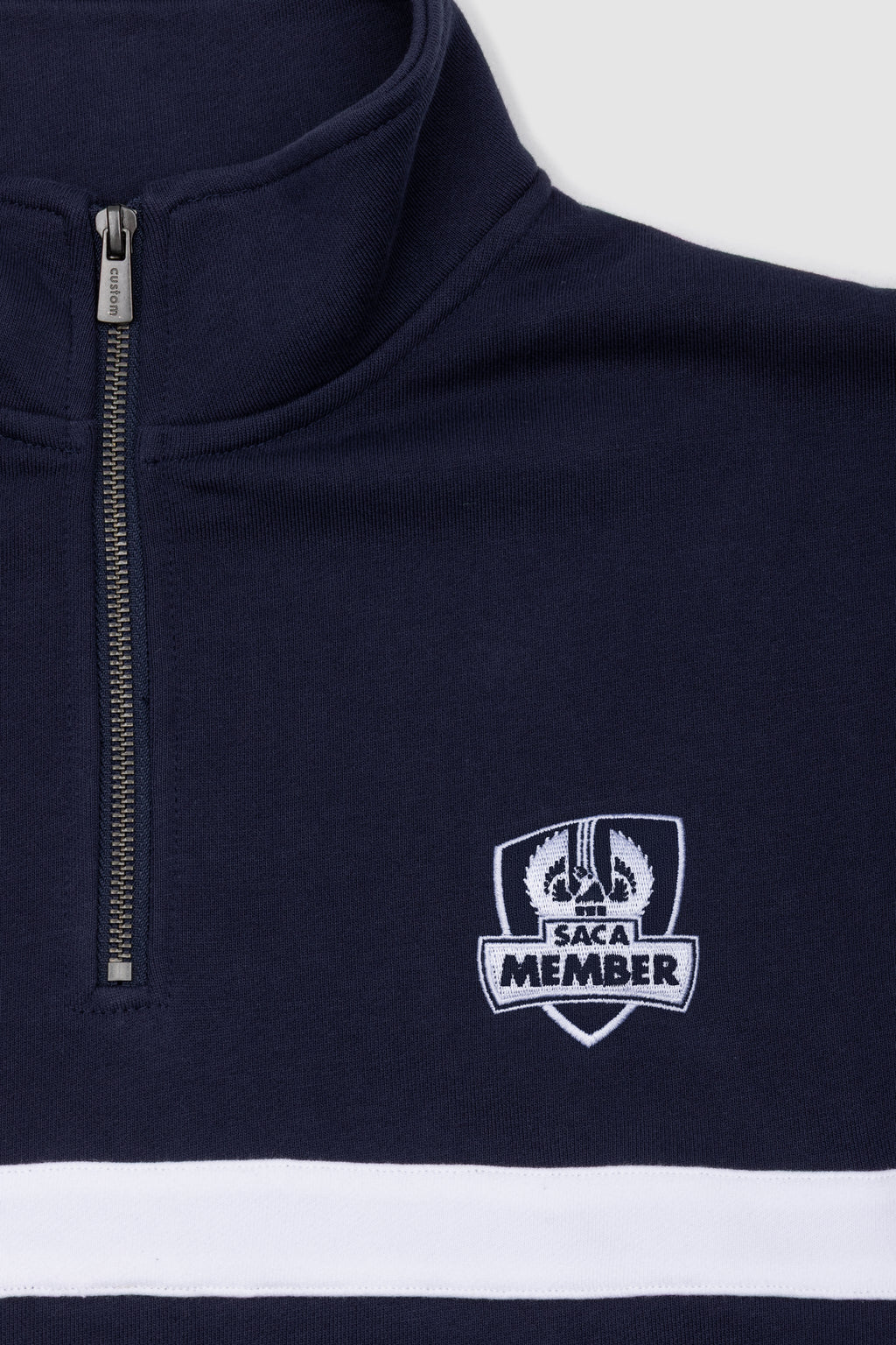 Saca Merchandise Womens Striped Quarter Zip Navy & White Emblem – SACA Merchandise